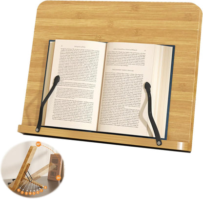 Recipe Book Holder,Cookbook Stand Wood Cookbook Holder for Kitchen, Adjustable Angle and Page Paper Clips,Magazine Holder for Desk, Laptop Stand, Tabletop Easel (Wood, S(11'' x 7.9''))