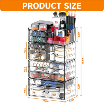 Acrylic Clear Makeup Organizer Countertop,Stackable Skincare Organizer for Vanity With 8 Drawers,Large Plastic Desk Accessories Organization,Bathroom Cosmetic Organizer Countertop for Beauty,Skin Care