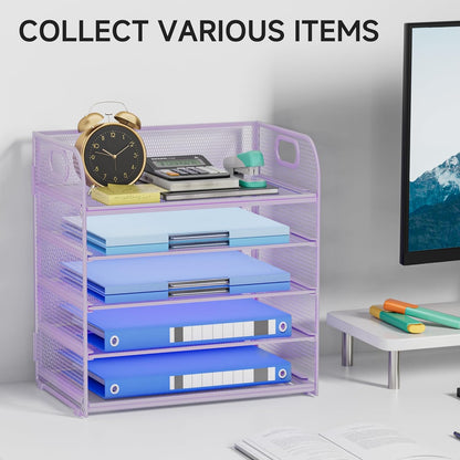 Paper Organizer Letter Tray with Handle, 5-Tier Black Stackable Desk Organizer with Metal Mesh, Sturdy Paper Tray for Office Desk, Home & Classroom Supplies Storage