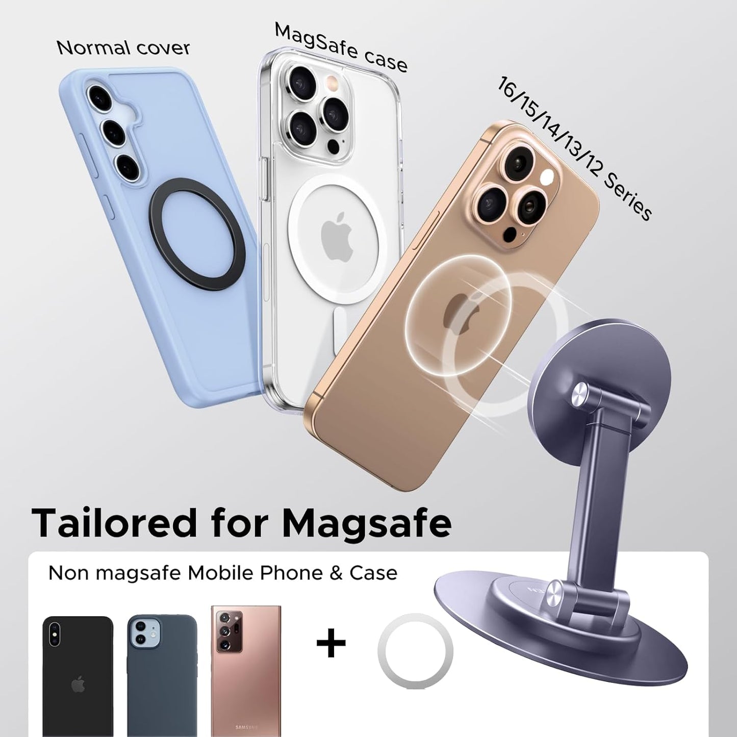 UGREEN Magnetic Phone Stand for MagSafe, Height Adjustable iPhone Stand for Desk with 360° Rotation Compatible for iPhone 17 Air 16 Pro 15 Pro Max 14 Plus 13 12 and MagSafe Case, Black