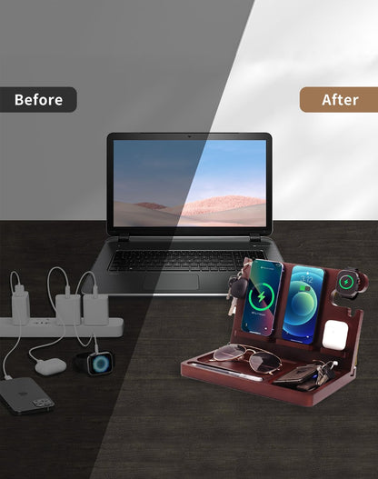 Nightstand Organizer with 4 Wireless Charger for 2 iPhone/Android Phone,Apple Watch,Airpod,Wood Phone Docking Station,27W Fast Wireless Charging Station,Wallet/Key Holder,Gifts for Dad/Men