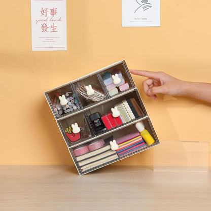 Desktop Storage Drawers, Plastic Desk Organizer with 3 Drawers, Modular Stackable Toolbox Units for Office Stationary, Makeup Container, Bathroom Countertop (1 Tall Layer, Cream & Clear)