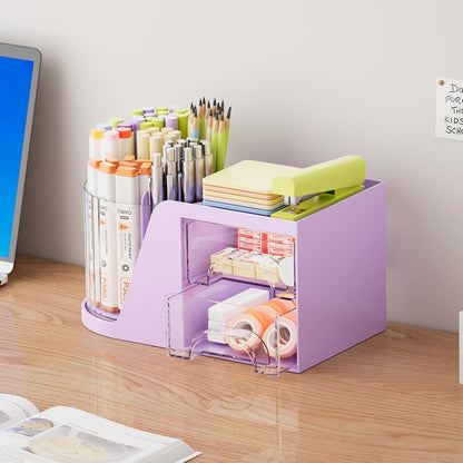 Marbrasse Desk Organizer with 2 Drawer, 360°Rotating Pen Holder, Desk Organizers and Accessories with 6 Slots Pencil Organizer + 2 Drawer, Art Supply Storage Box Caddy for Office (White)
