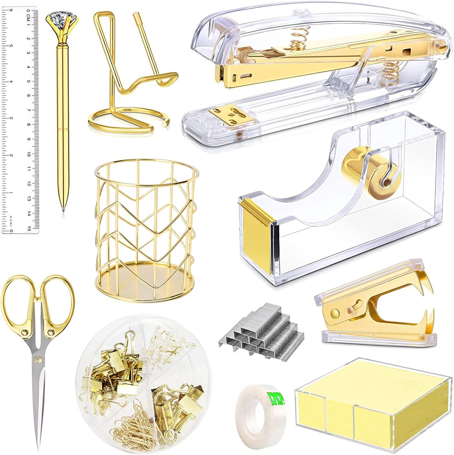 Office Desk Accessories, Acrylic Stapler, Staple Remover, Tape Holder, Pen Holder, Ballpoint Pen, Scissor, Binder Clips, 1000pcs Staples, Phone Holder, Ruler, Transparent Glue and 300 Notes
