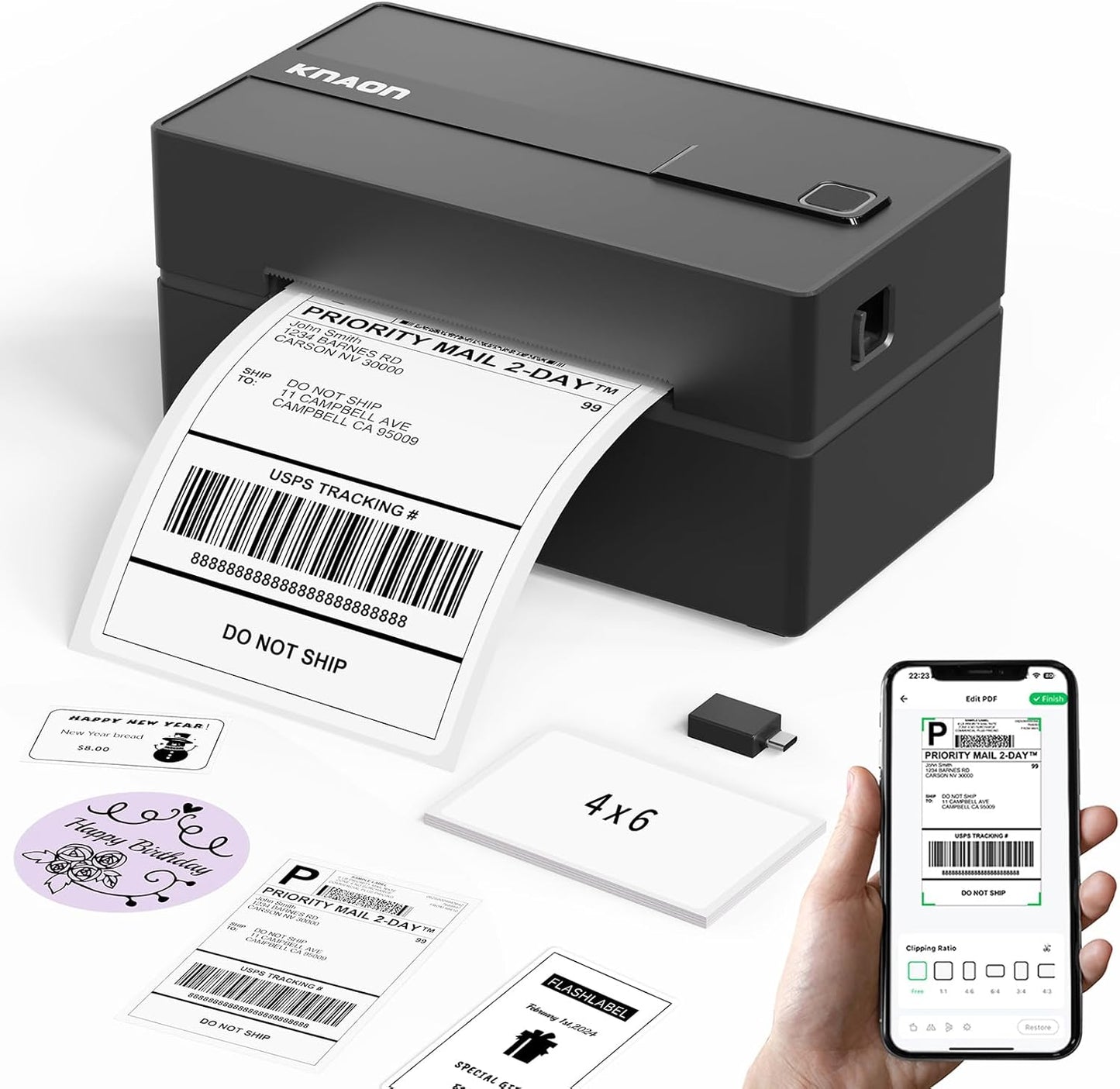 KNAON Bluetooth Thermal Shipping Label Printer, 4x6 Portable Thermal Address Label Printer for Small Business, Compatible with iPhone,Android,Windows,Mac–Works with Etsy Shopify USPS&More, White