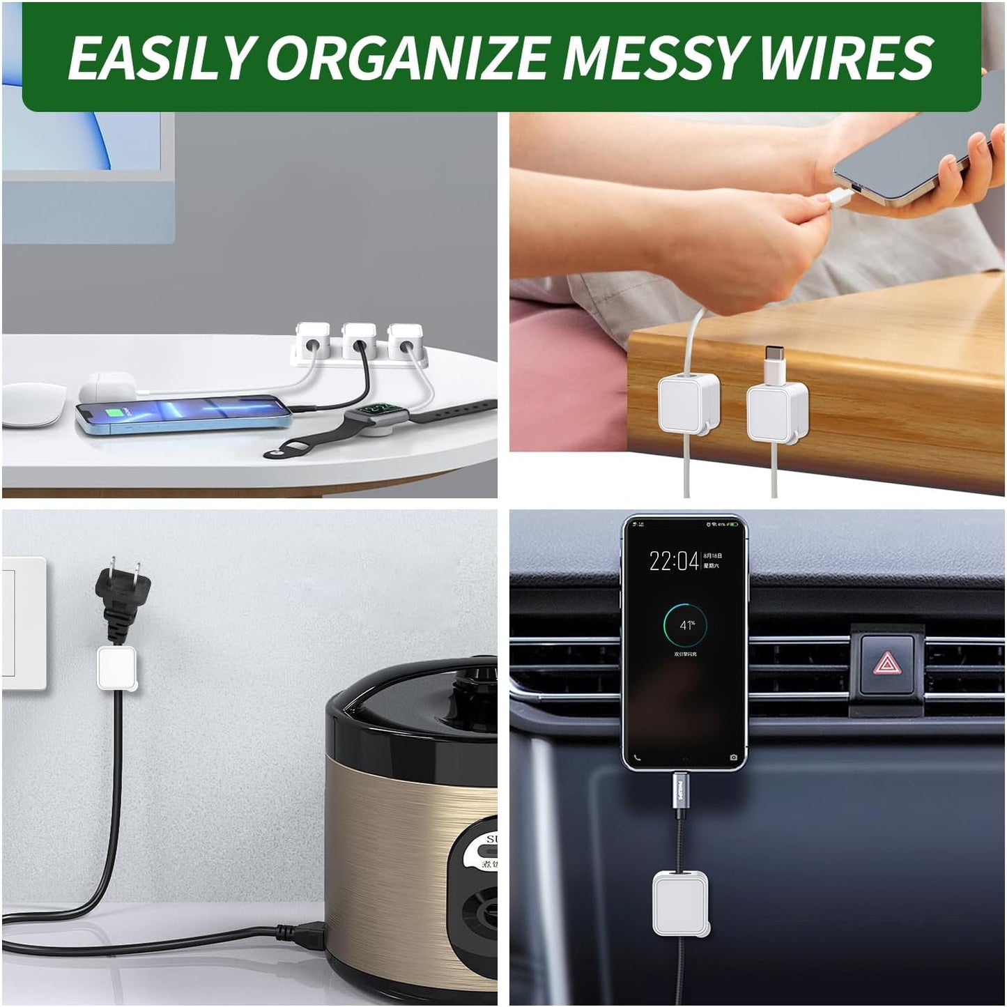 Magnetic Cable Organizer for Desk – Upgraded Wire Clips with Adhesive Base – Desktop Cord Holder for USB, Charging Cables – 6 Clips + 1 Magnetic Base (Black)