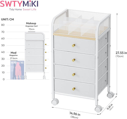 SWTYMIKI Rolling Makeup Organizer Cart - Under Desk Vanity Makeup Storage with 3 Non-woven Drawers, Nail Cart Organizer Cosmetic Display Cases Cabinet for Skin Care Perfume Nail Polish Brush Hair Tool