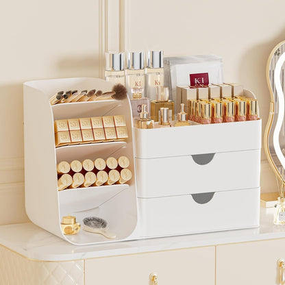 Booklov Makeup Organizer for Vanity, Countertop Cosmetic Display Case with Clear Acrylic Drawers, Bathroom Counter Beauty Caddy, Cute Table Storage Holder for Skincare, Brush Lipsticks, Crystal White