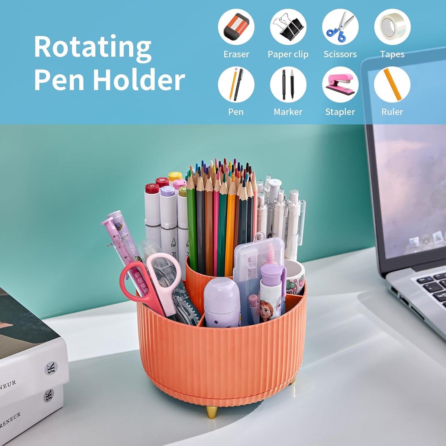 Marbrasse Desk Organizer, 360-Degree Rotating Pen Holder, Desk Organizers and Accessories with 5 Compartments Pencil Holder, Art Supply Storage Box Caddy for Office, Home（White）