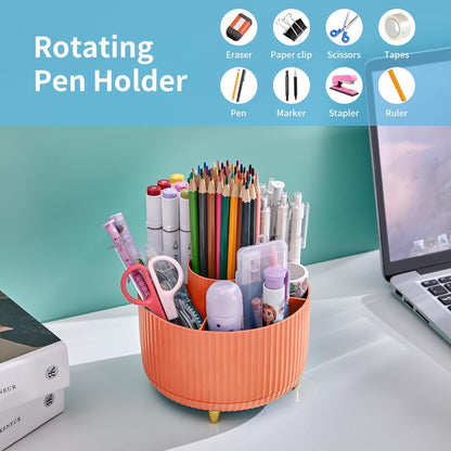 Marbrasse Desk Organizer, 360-Degree Rotating Pen Holder, Desk Organizers and Accessories with 5 Compartments Pencil Holder, Art Supply Storage Box Caddy for Office, Home（White）