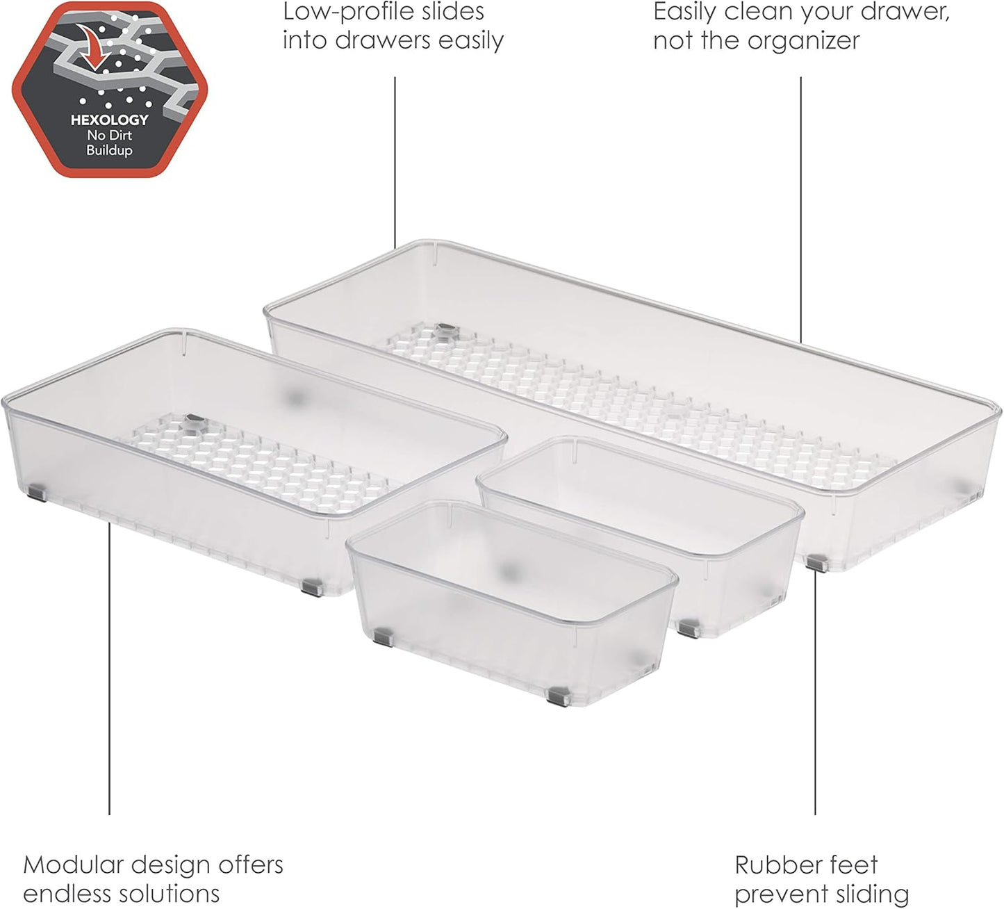 Spectrum Hexa 6 x 12 Drawer Organizer for Kitchen Utensils with Innovative Honeycomb Base Design, Silverware Tray for Cutlery and Flatware Storage, Bathroom Vanity or Desk Solution, Clear Frost