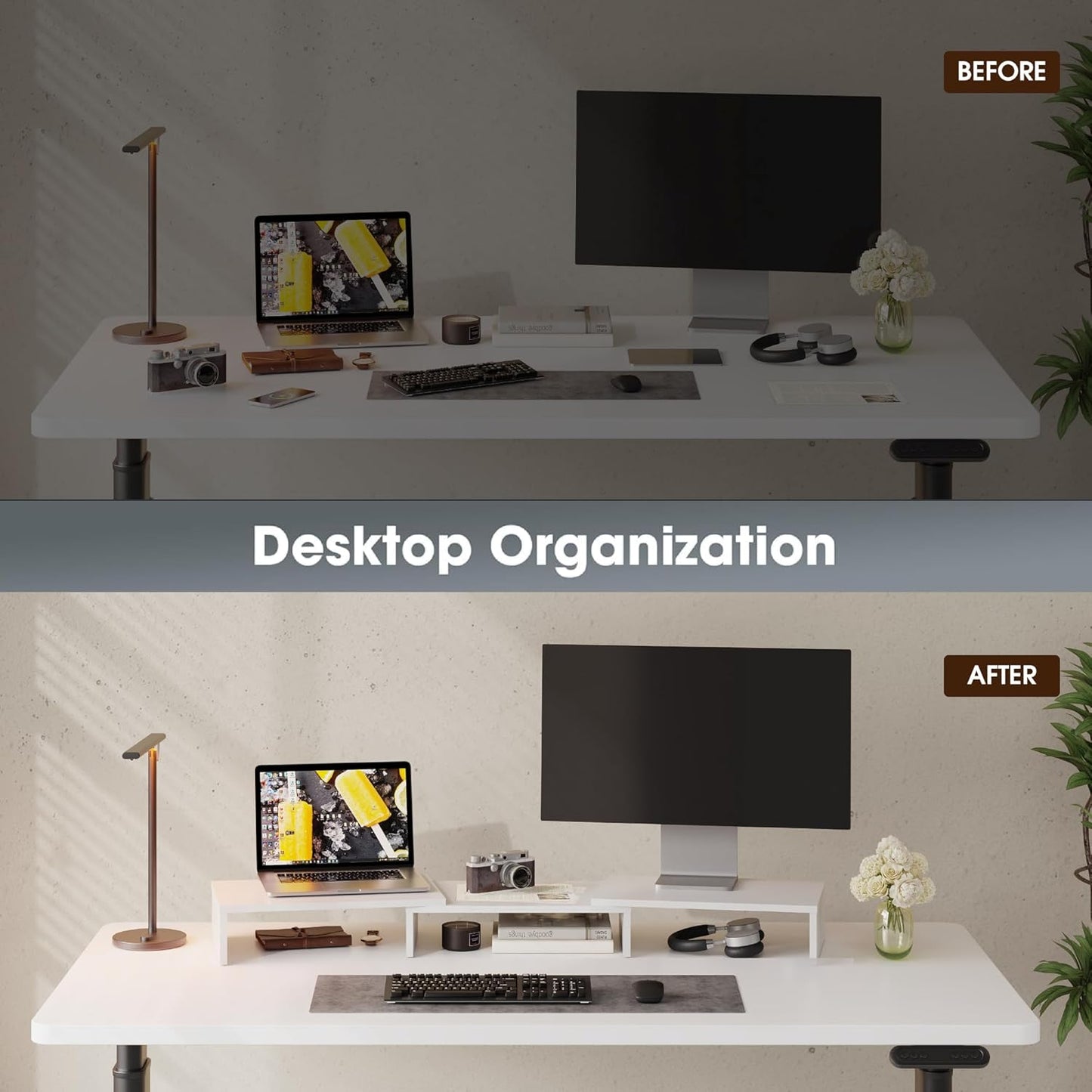 FITUEYES Dual Monitor Stand – 3 Shelf Computer Monitor Riser, Wood Desktop Stand with Adjustable Length and Angle, Desk Accessories, Office Supplies Medium Black,DT108001WB