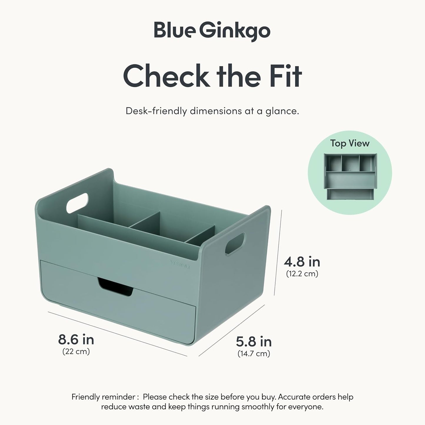 BLUE GINKGO Compact Desk Organizer – Small 5-Compartment, Half Drawer Storage – Pen Holder, Stationery Organizer for Desktop, Vanity, Shelf (Made in Korea, Green)
