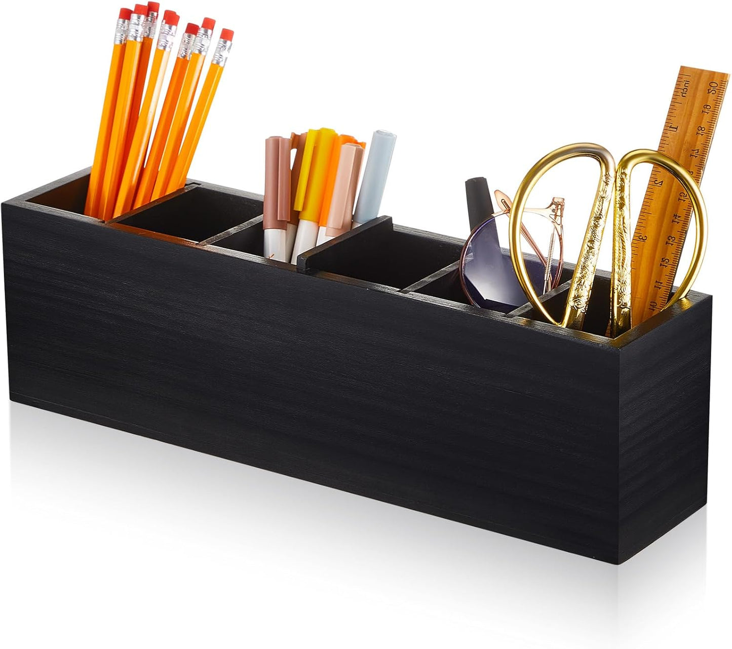 Jetec Wooden Pencil Holder 5 Compartments for Desk Adjustable Pen Holder Wood Office Desk Organizers and Accessories Makeup Brush Organizer for Pen, Home, Office and Art Supplies (White)