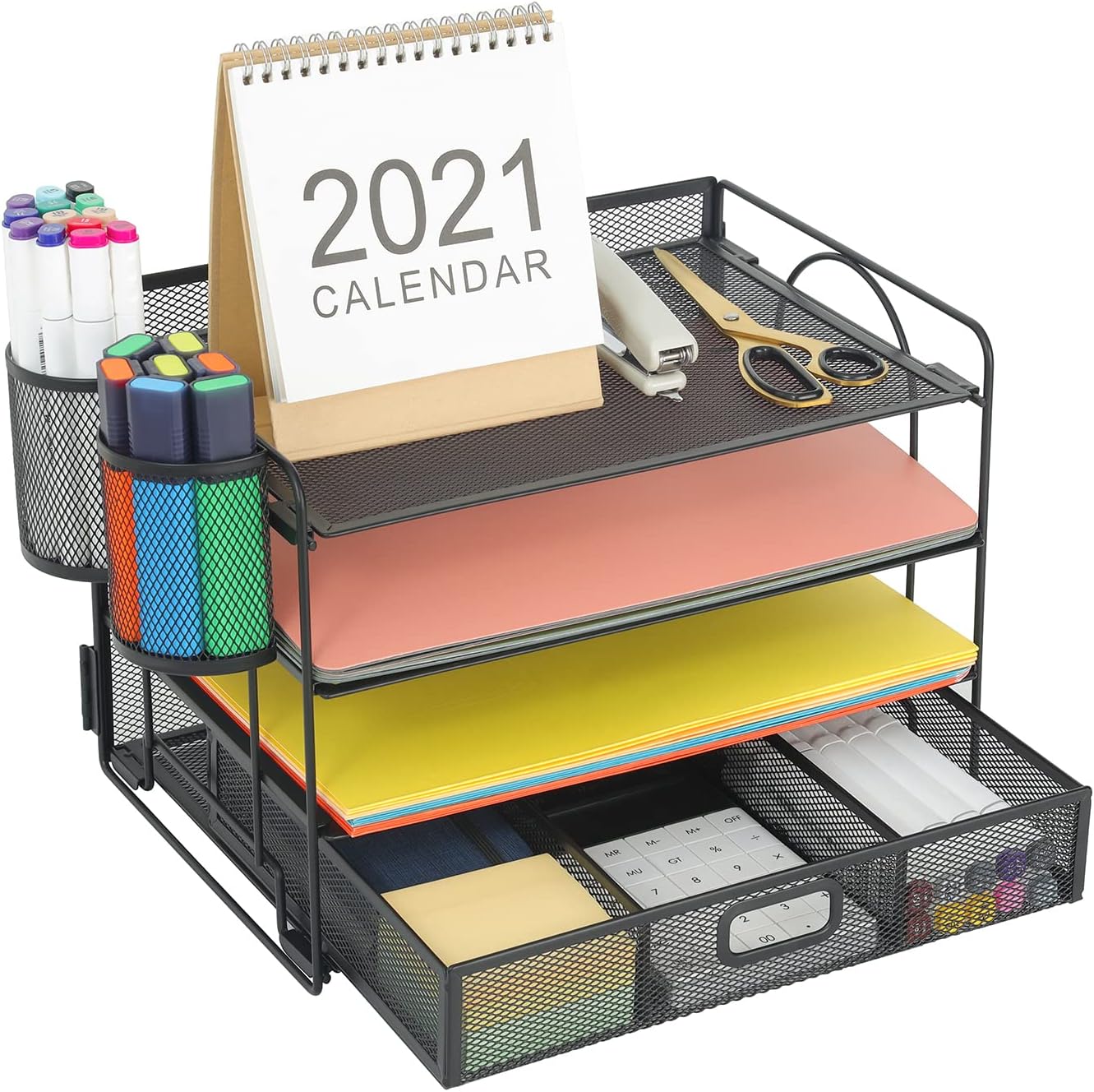 Marbrasse Desk Organizer and Accessories，4-Tier Paper Letter Tray Organizer with File Holder，Desk Accessories & Workspace Desktop Organizers for School Home Office Supplies (Blue)