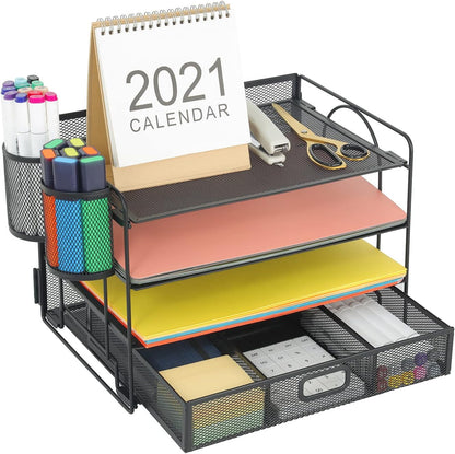 Marbrasse Desk Organizer and Accessories，4-Tier Paper Letter Tray Organizer with File Holder，Desk Accessories & Workspace Desktop Organizers for School Home Office Supplies (Blue)