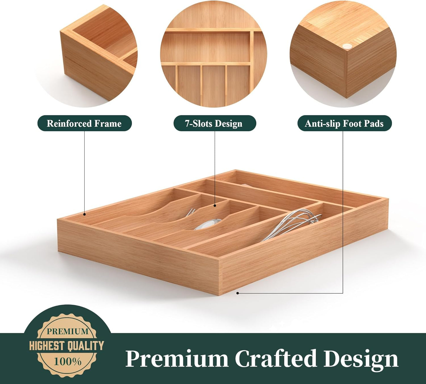 Small Silverware Organizer, Bamboo Kitchen Drawer Organizer, Utensil Holder, Cutlery Tray & Spoon Flatware Storage with Grooved Drawer Dividers (6.7''W x 12''D)