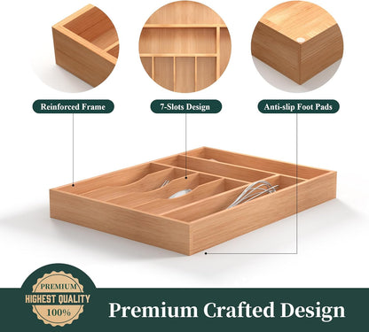 Small Silverware Organizer, Bamboo Kitchen Drawer Organizer, Utensil Holder, Cutlery Tray & Spoon Flatware Storage with Grooved Drawer Dividers (6.7''W x 12''D)
