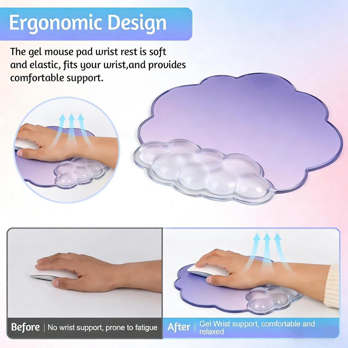 Gel Wrist Rest and Cloud Mouse Pad Support for Keyboard and Mouse - Ergonomic Pink Keyboard Wrist Pad Set for Typing Pain Relief/Computer/Laptop/Gaming/Home/Office (Cloud Shape, Gradient Blue Pink)