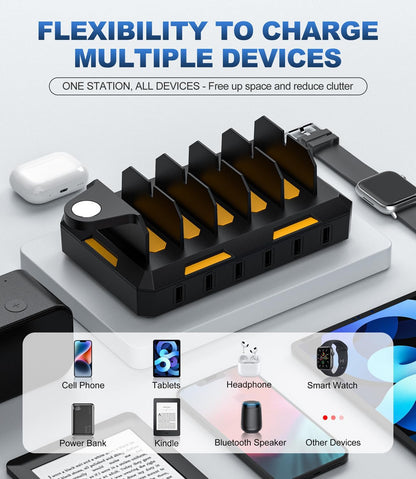 Charging Station for Multiple Devices, Honcila 6 in 1 Multi Charger Station Charging Dock for Cellphone Tablet iPhone iPad and More - 50W Charging Station Organizer with 6 Mixed Charging Cables