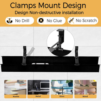 Under Desk Cable Management Tray 27.2" - No Drill Computer Wire Organizer Cable Tray, Cord Hider Clamp Mount with 16X Cable Ties PC Cables Management Cord Holder for Office/Home (Upgrade Fabric,White)