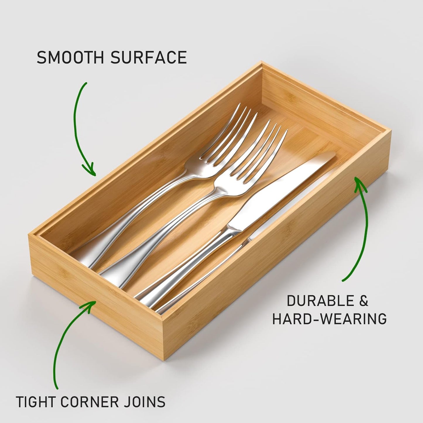 VeyFey Bamboo Drawer Organizer, Stackable Utensil Organizer for Kitchen, Bamboo Storage Box Wood Silverware Tray for Drawer 15" x 6" x 2" Set of 2