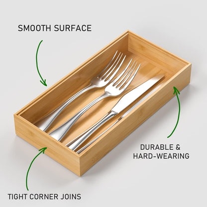 VeyFey Bamboo Drawer Organizer, Stackable Utensil Organizer for Kitchen, Bamboo Storage Box Wood Silverware Tray for Drawer 15" x 6" x 2" Set of 2