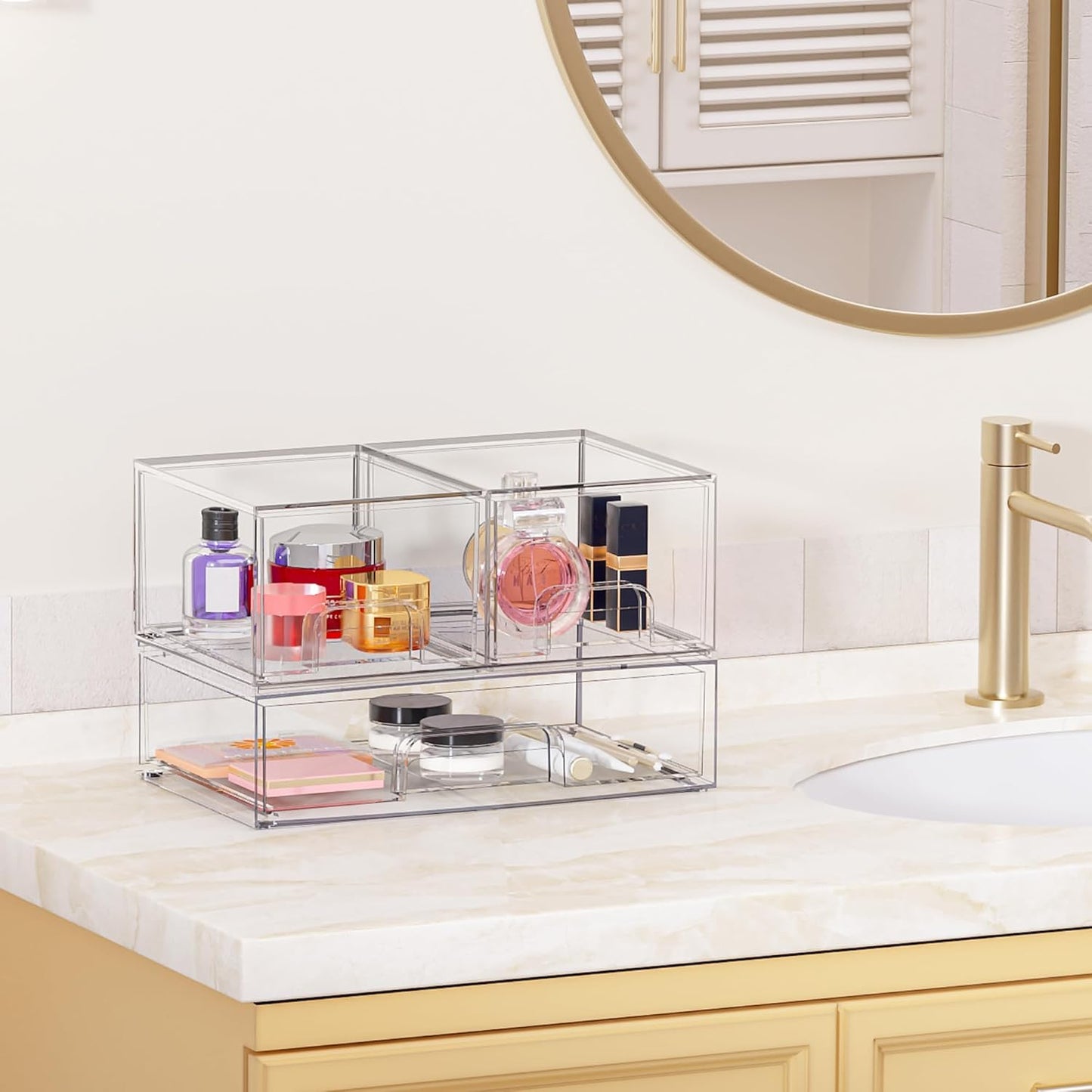 Vtopmart Stackable Storage Drawers Set of 4, Clear Plastic Organizer Bins for Bathroom Supplies,Ideal for Cabinet,Pantry,Laundry Room Organization