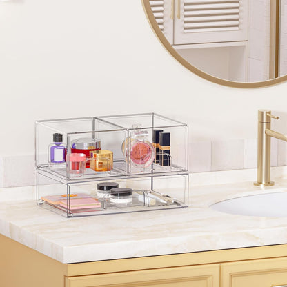 Vtopmart Stackable Storage Drawers Set of 4, Clear Plastic Organizer Bins for Bathroom Supplies,Ideal for Cabinet,Pantry,Laundry Room Organization