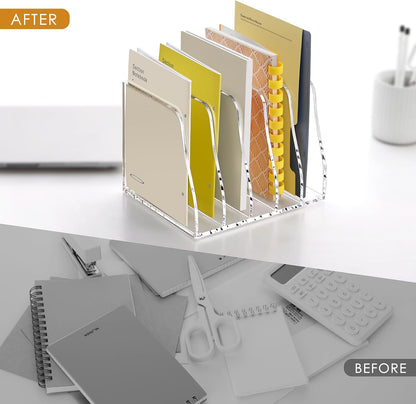 YUXUN Clear Acrylic File Folder Holder - 4 Vertical Compartments Desk Document Sorter, Upright Magazine Rack for Office/Home/Classroom, Stores Documents, Tablets, Magazines, Books & Accessories
