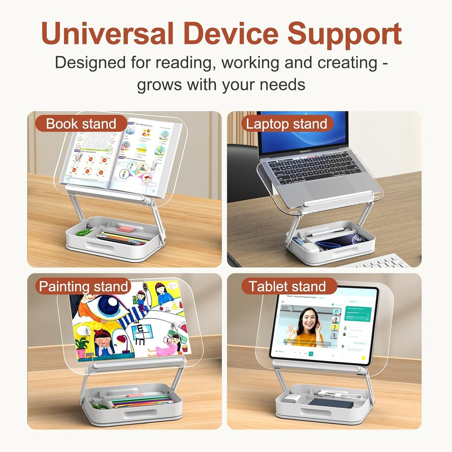 Acrylic Book Stand with Storage, Adjustable Book Holder for Reading with 360° Rotating Bases, Foldable Desktop Riser Stand, Elastic Clips for Cookbook Recipe Magazines Tablets, Laptops (Clear)