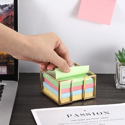 BTSKY Golden Glass 3x3 Inch Sticky Note Holder with Pen Slot, Elegant Post It Note Dispenser with Non-Slip Pads Clear Notepad Holder for Desk Organization Planning, Home Office Decor