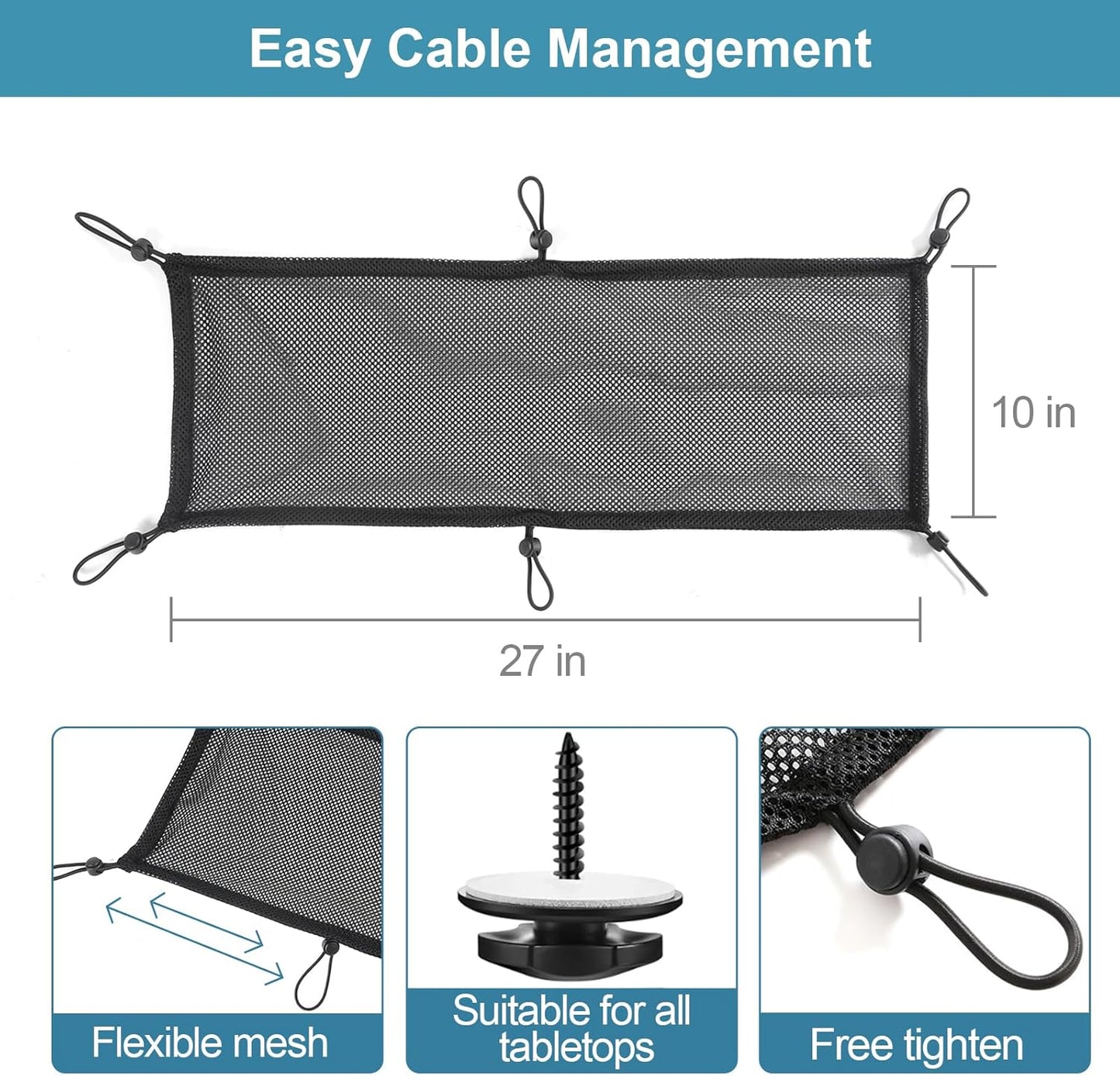 Under Desk Cable Management Net, 36PCS Under Table Cord Management Mesh Organizer Flexible Wire Hiders, Extra Large Capacity Wire Management Kit Under Desk, Fits Most Tables