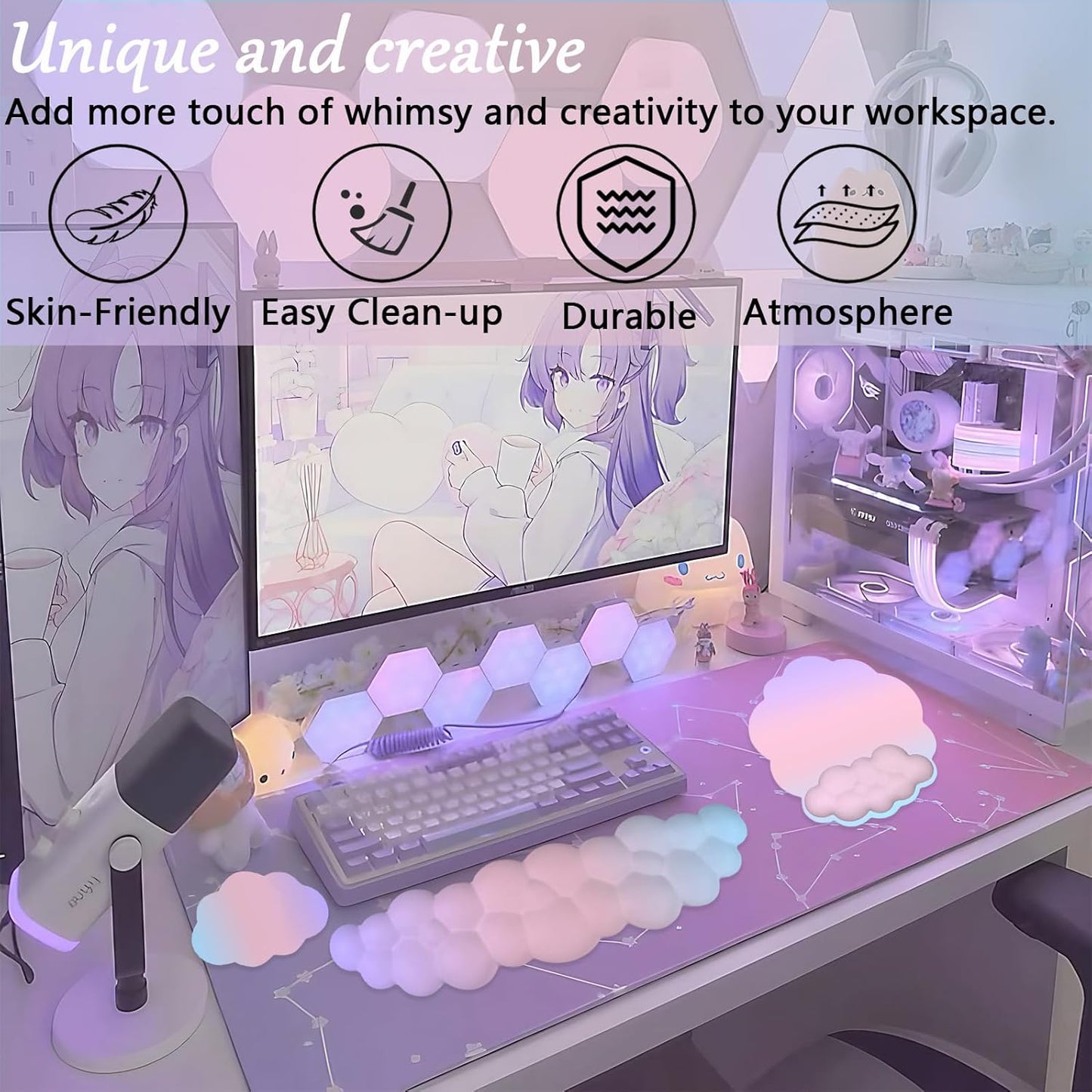 Cloud Wrist Rest Keyboard Pink Mouse Pad Set with Wrist Rest Ergonomic Wrist Pad Memory Foam Non-Slip Base Cute Gradient Wrist Support for Computer Laptop Gaming Home Office Relief Typing Pain