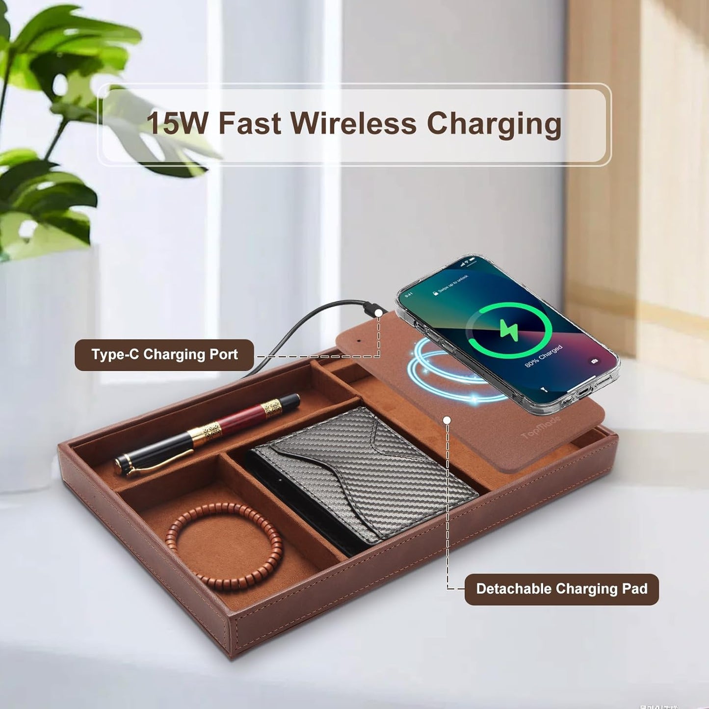 TopMade Valet Tray with Wireless Charging Pad Nightstand Organizer, Leather Desktop Storage Dresser Organizer Charging Station, Jewelry Box Catchall Bedside Vanity Tray for Men Women(Brown)