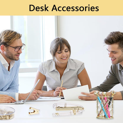 suniya Office Supplies,Gold Desk Accessories,with Stapler,Tape Dispenser,Pen Holder,Scissors,Phone Stand,Staple Remover,Ballpoint Pen,Clear Tape, Staples,Ruler,Clips,Best Gift for Business or Boss
