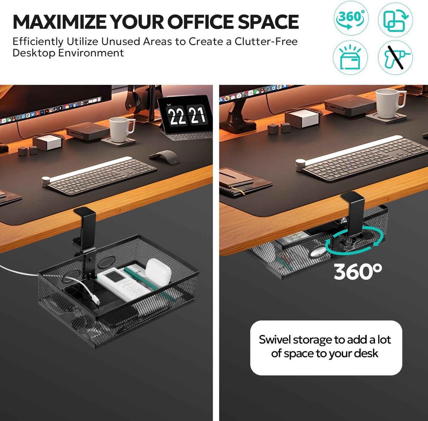 Under Desk Drawer Organizer Clamp On - 360° Swivel Metal Mesh Storage Basket, Hidden Rotating Desktop Tray for Standing Desk, Office Supplies & Gaming (No Drill, Black)