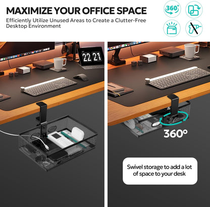 Under Desk Drawer Organizer Clamp On - 360° Swivel Metal Mesh Storage Basket, Hidden Rotating Desktop Tray for Standing Desk, Office Supplies & Gaming (No Drill, Black)