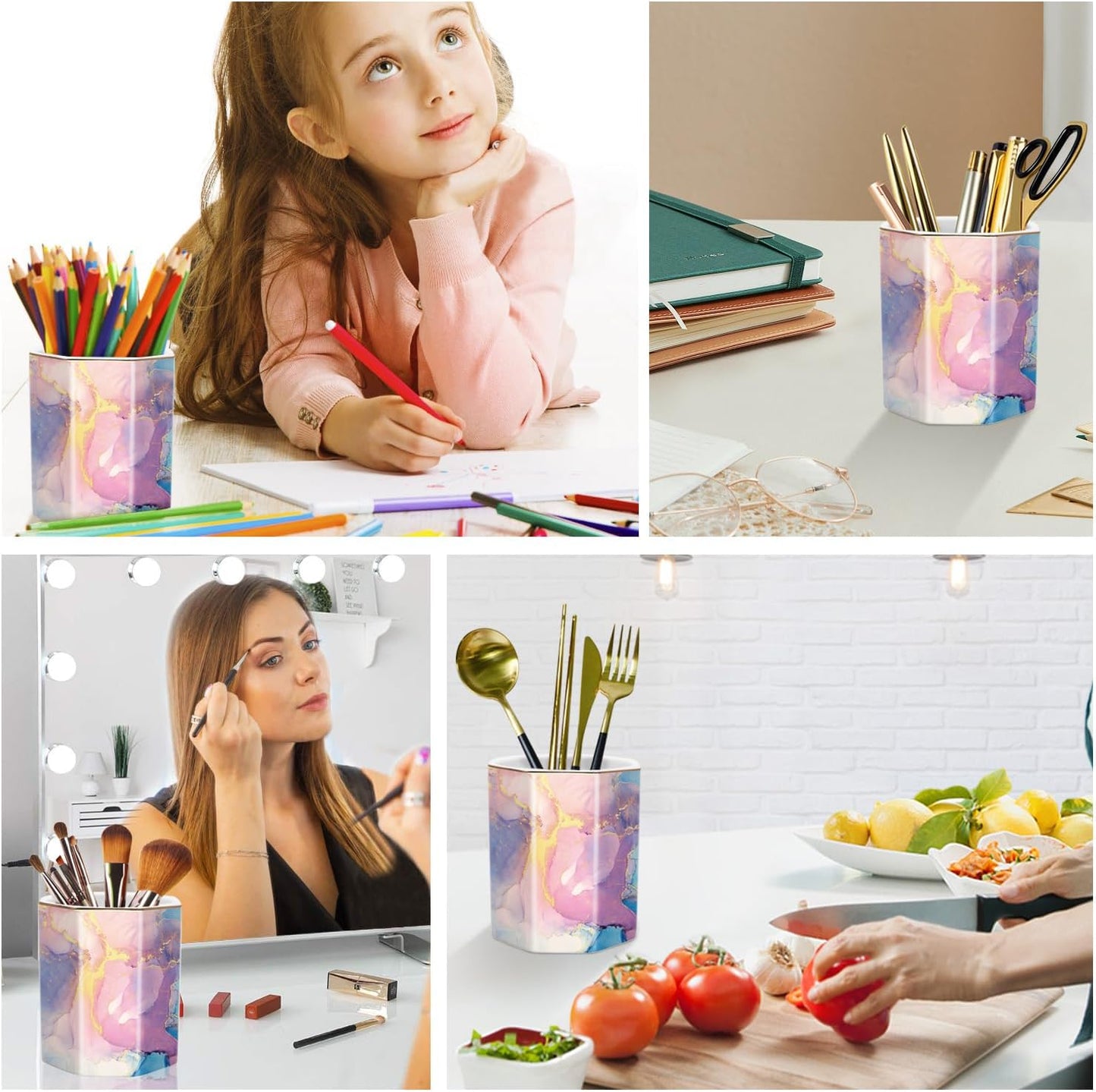 WAVEYU Ceramic Pen Holder for Desk Cute, Pencil Cup Pot Desk Organizer, Makeup Brush Holder for Women, Men, Kids, Desk Marble Decor for Office, Classroom, Home, Gray Golden