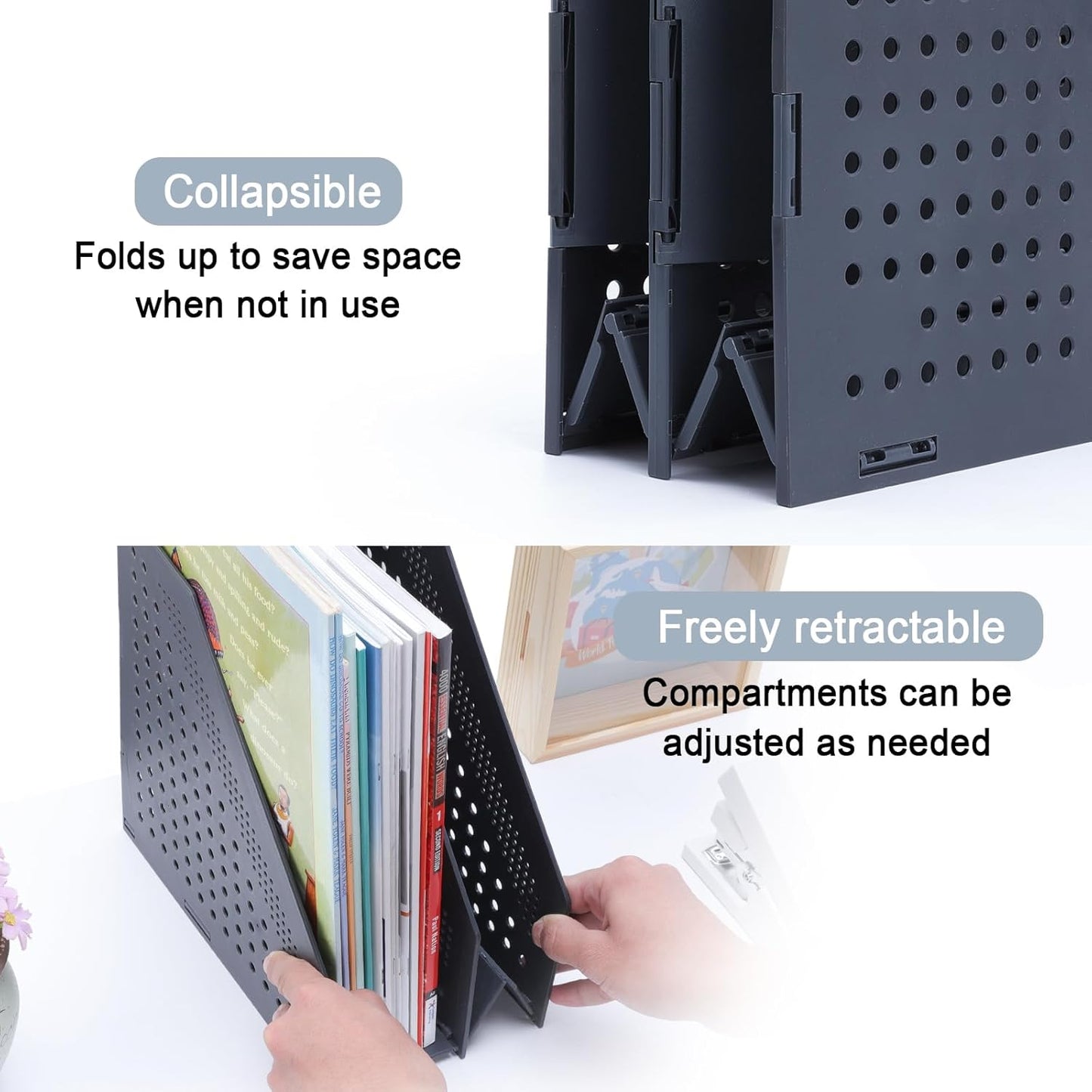 FRETONBA Collapsible Magazine File Holder with 2 Vertical Compartments Foldable Binder Holder for Desk Binder Storage Organizer Plastic Magazine Holders for Shelf, Dark Gray