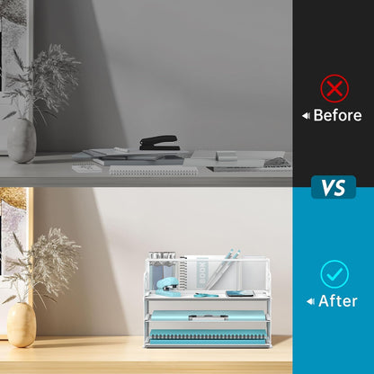 3 Tier Desk File Organizer with Pen Holder, Mesh Paper Tray File Organizer for Desk, Fold Holder with Handle for Office, Classroom, Home, Workspace(Black)