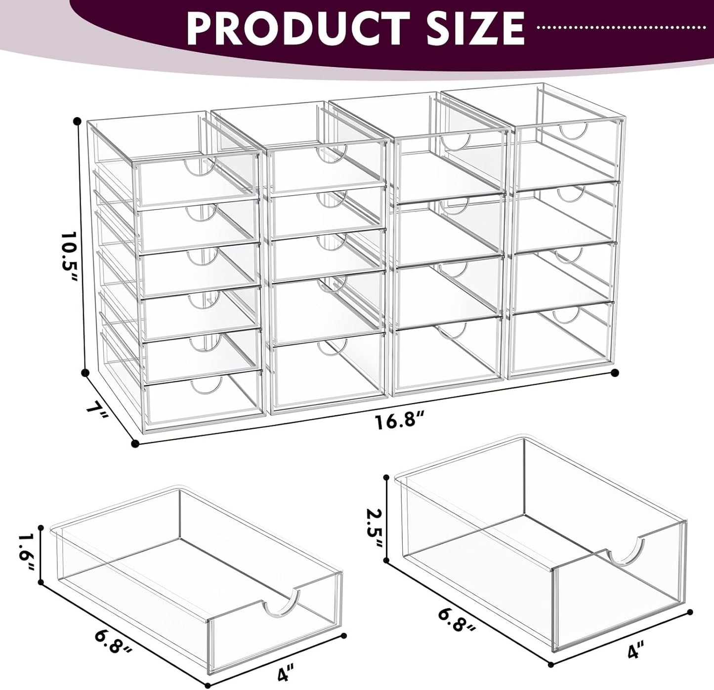 YFXCVSL Acrylic Makeup Organizer with 19 Drawers, 4 Pack Clear Storage Drawers, Bathroom Makeup Organizer for Palettes, Cosmetic, and Beauty Supplies,Ideal for Vanity, Cabinet,Desk Organization