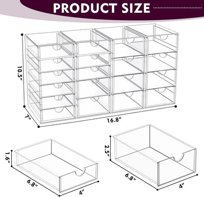YFXCVSL Acrylic Makeup Organizer with 19 Drawers, 4 Pack Clear Storage Drawers, Bathroom Makeup Organizer for Palettes, Cosmetic, and Beauty Supplies,Ideal for Vanity, Cabinet,Desk Organization