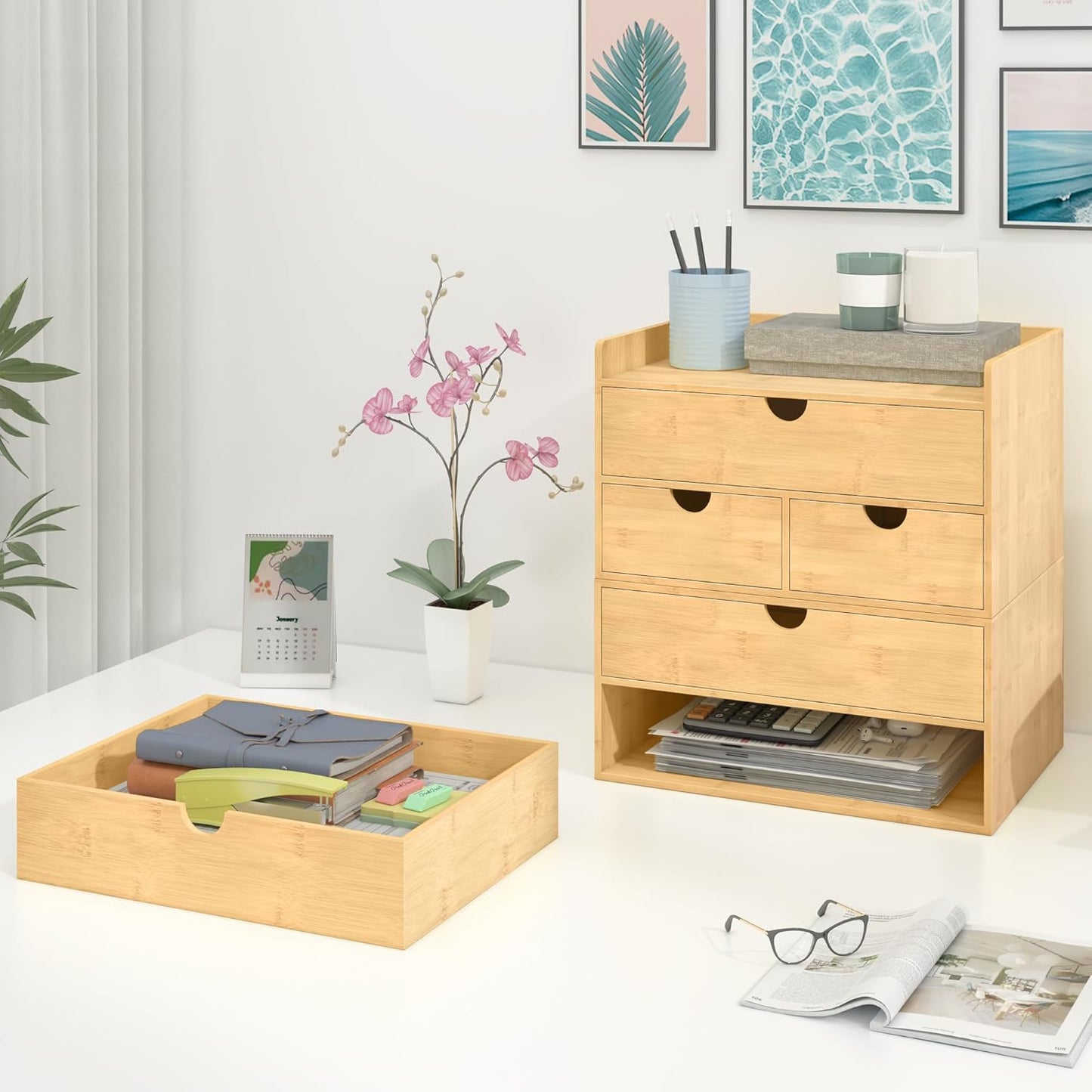 Wisuce Bamboo Desk Drawer Organizer, 3 Drawer Desktop Organizer with Drawers Tabletop Storage Organization Box for Office Home Toiletries Supplies Vanity, No Assembly Required