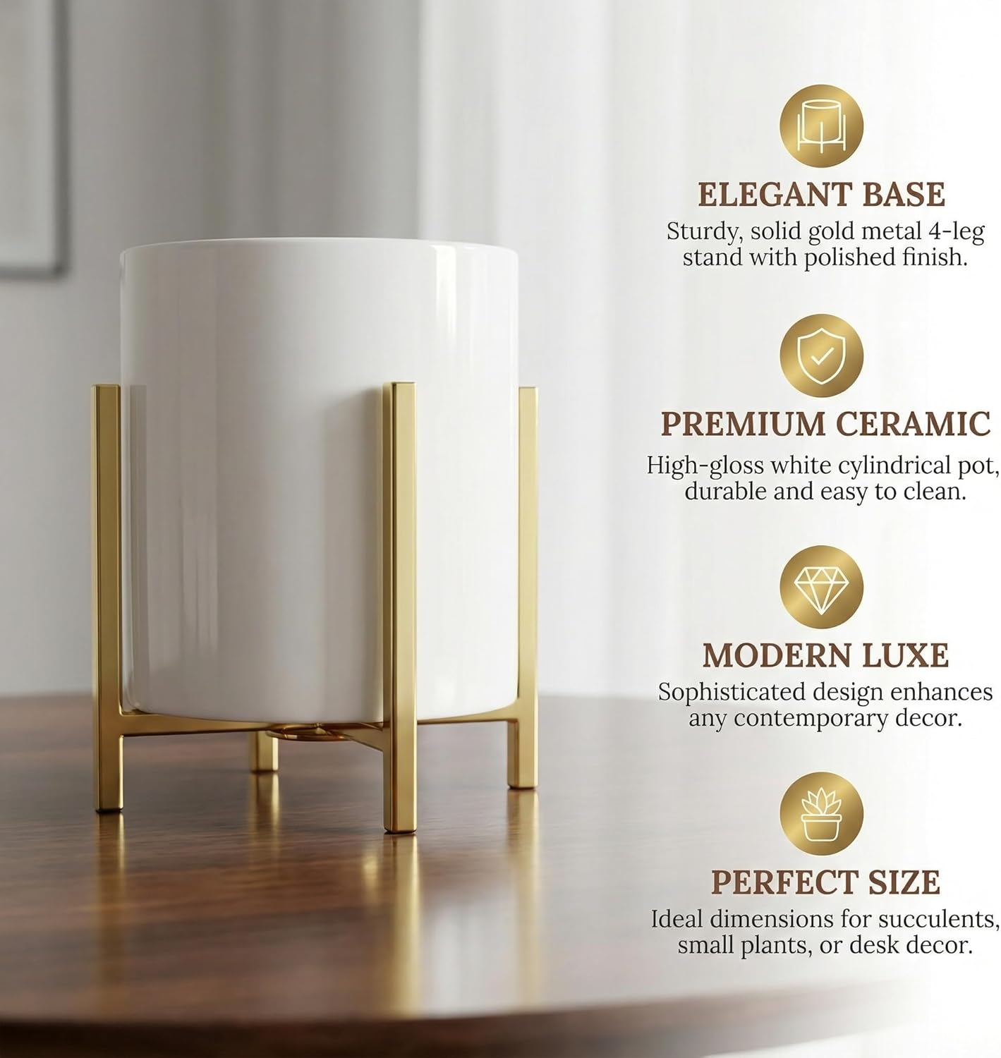 4.72" Gold Pen Holder Aesthetic Pencil Holder for Desk, Gold Desk Organizers and Accessories for Women Girls, Ceramic Pen Holder for Office