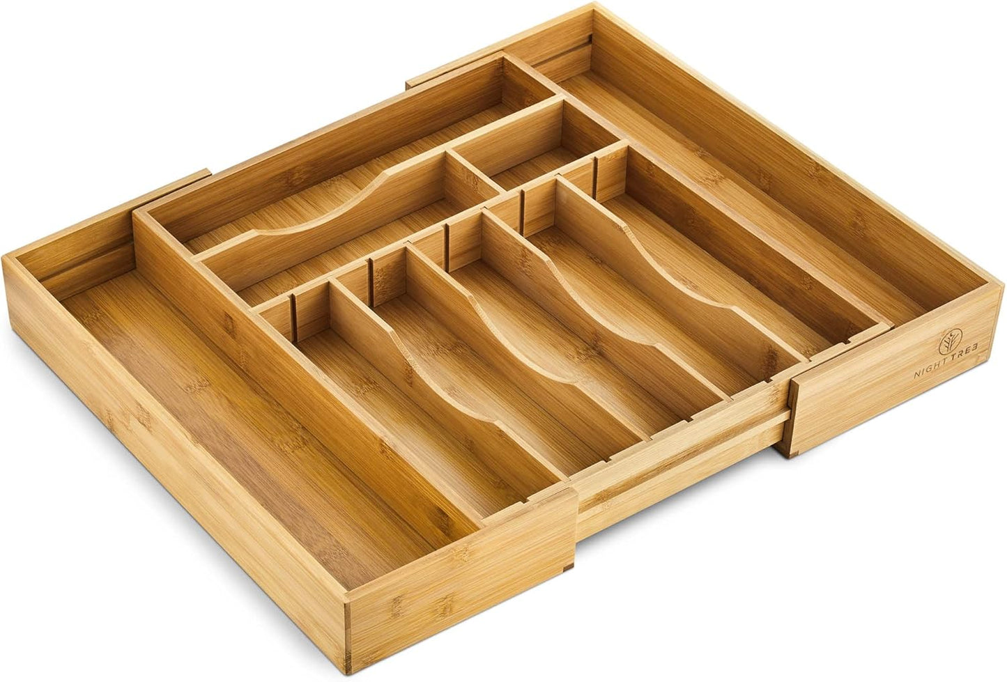Night Tree 2.5” Extra Deep Silverware Drawer Organizer with Adjustable Dividers – Expandable Bamboo Flatware Tray for Kitchen, Reinforced Wood Cutlery Holder (14"-21.6" Wide)