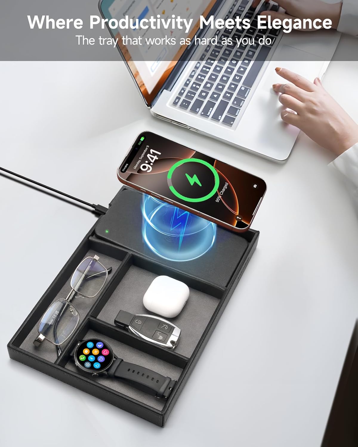Valet Tray, Built in Wireless Charging Pad, Nightstand Organizer, Dresser Organizer, Mens Jewelry Box, Valet Charging Station, Faux Leather Valet Tray for Men and Women, (Black)