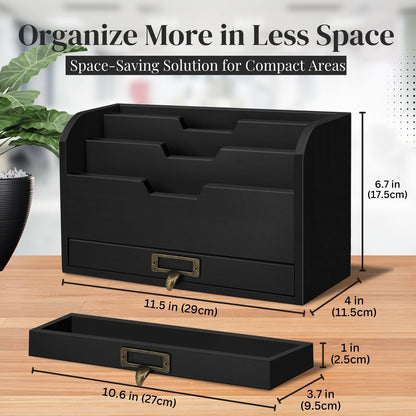 Flexzion 3 Tier Wooden Desk Organizer - Country Rustic Compartments Slot File Tray Pencil Sorter Shelf Holder Supplies Rack Accessories Set with Storage Drawer for Desktop Tabletop Office Home Brown