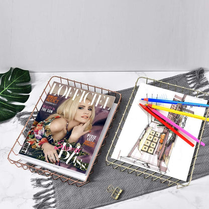 Rose Gold File Organizer for Desk Letter Size Desk Paper Organizer Trays Large Capacity Metal File Organizer Paper Tray Wire Basket Bins for Office Desktop,12.5" x 9.4" x 1.9"