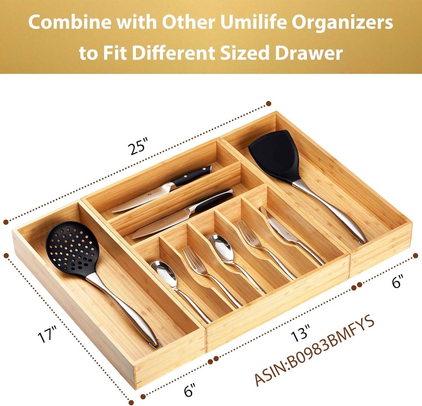 Umilife Bamboo Kitchen Drawer Organizer, Extra High Silverware Tray, Flatware Cutlery Storage Box, Multi-Use Holder in Office, Bathroom, Pantry - 9"x6"x2.5" (Set of 2)